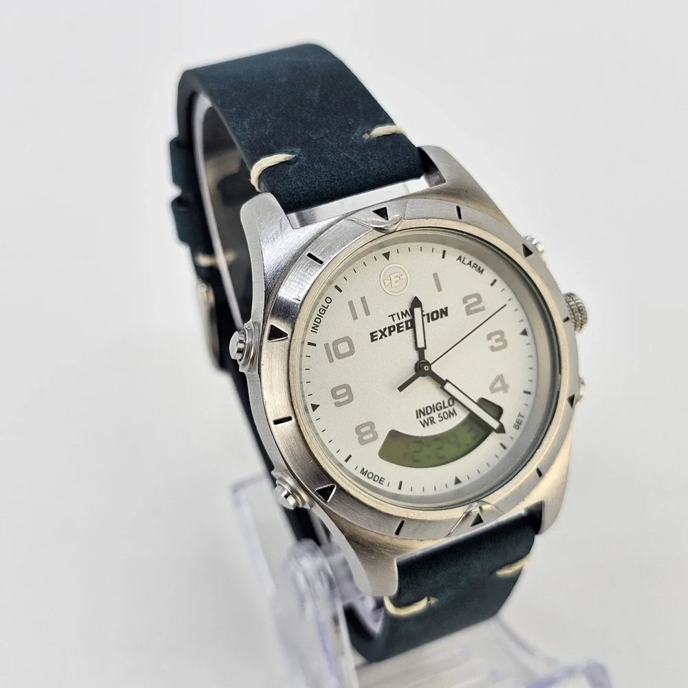 VTG Timex Expedition Ana-Dig Men's Watch 38MM NEW Blue Leather Bands NEW Battery